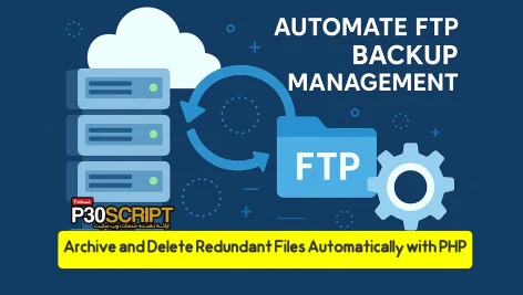 Flat-style illustration of servers, a cloud icon, and an FTP folder connected by circular arrows and a gear, with text ‘Automate FTP Backup Management’