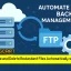 Flat-style illustration of servers, a cloud icon, and an FTP folder connected by circular arrows and a gear, with text ‘Automate FTP Backup Management’